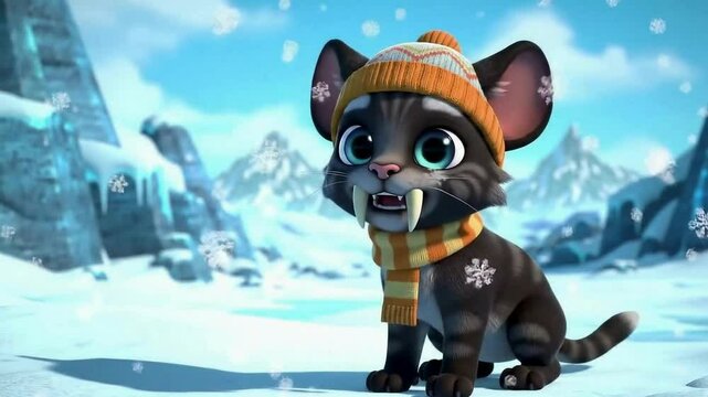 Animated Saber-Toothed Cat in Winter Wonderland with Snowflakes and Warm Accessories