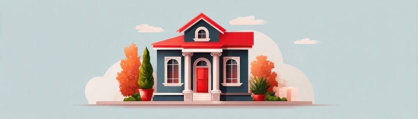 Obraz premium A colorful illustration of a charming house surrounded by autumn trees and clouds, evoking a cozy atmosphere.