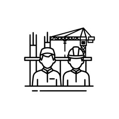 construction workers with crane and building framework outline