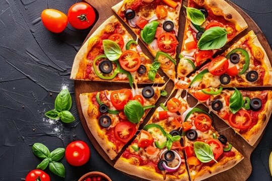 Delicious homemade pizza topped with fresh vegetables served on a wooden board in a cozy kitchen