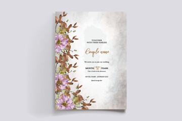 WEDDING INVITATION FRAME WITH FLOWER DECORATIONS AND FRESH LEAVES