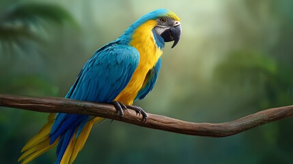 Obraz premium Vibrant Blue and Yellow Macaw Perched on Branch in Lush Jungle