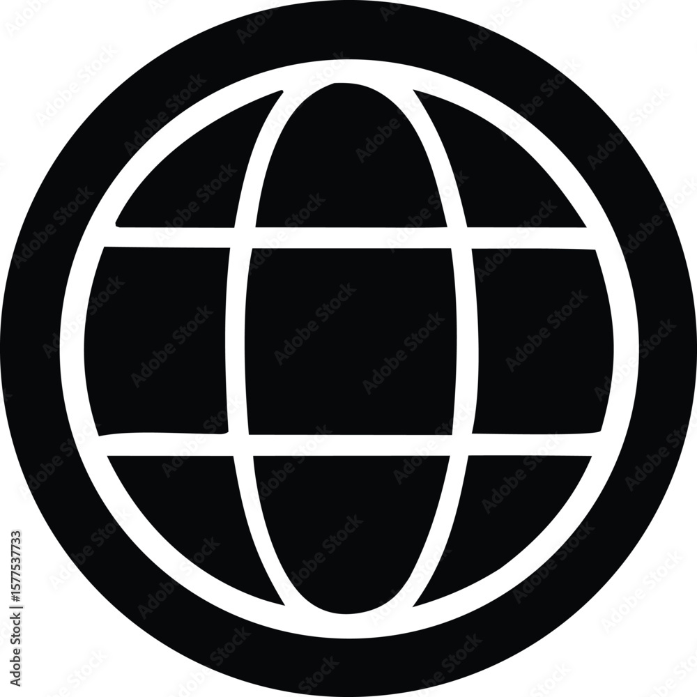 Poster a simple black and white graphic representation of a globe with intersecting lines symbolizing globa