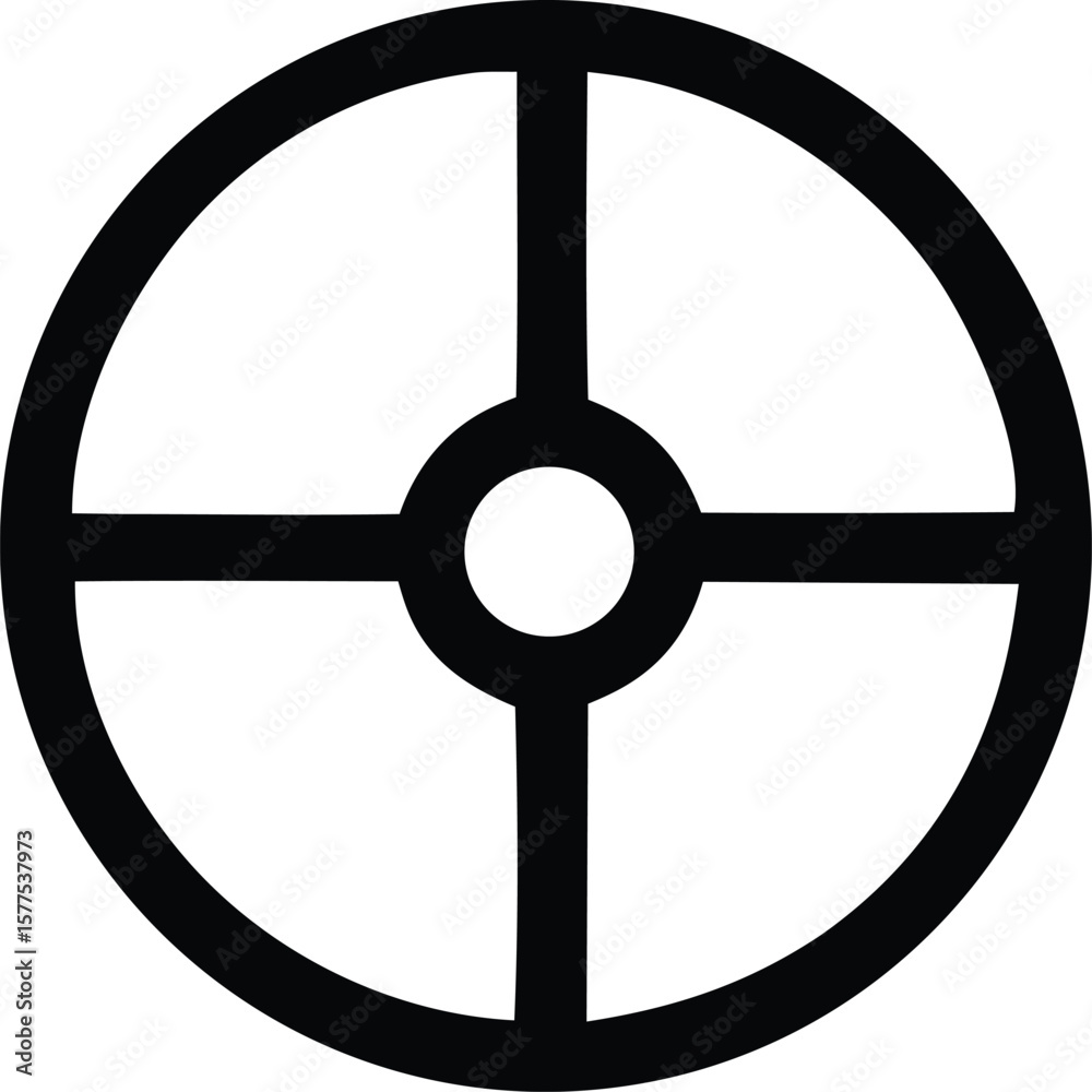 Poster a stark black symbol featuring a circle with a smaller circle in the center and four intersecting li