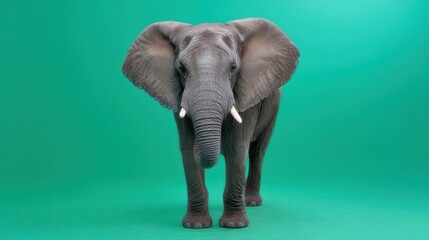 Obraz premium A realistic elephant stands prominently against a vibrant green background, showcasing its textured skin and majestic presence.