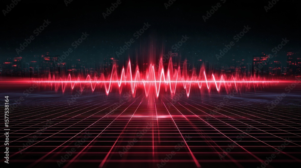 Aufkleber Futuristic digital sound wave graphic with red elements over a grid, set against a dark background, creating a high-tech ambiance.