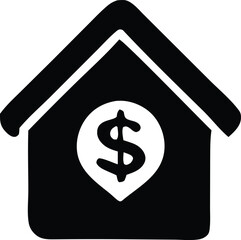 Simple black and white icon of a house with a dollar sign inside a location pin