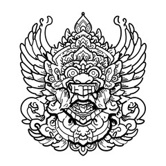 Intricate Balinese winged mythical face art. Traditional spiritual symbol for cultural designs.