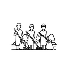 group of three people cleaning outdoor environment with brooms