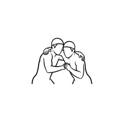 Line art of two people hugging with their arms around each other