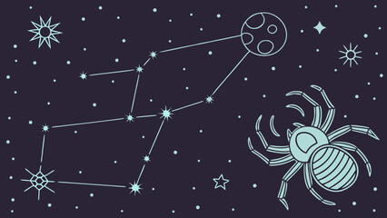 Illustration of a spider constellation connected to a moon in a star filled dark sky scene