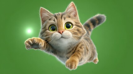 Obraz premium A playful cat appears to be jumping against a bright green background, showcasing its energetic and curious nature.