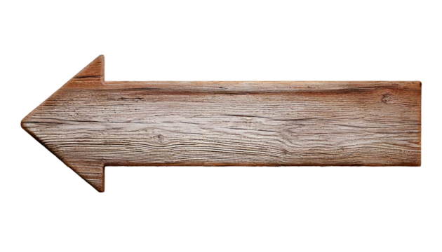 A wooden arrow pointing to the left. The arrow is carved out of wood and has a rustic appearance