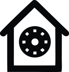 Stylized black house icon with a circular clock face featuring abstract square markers inside its structure