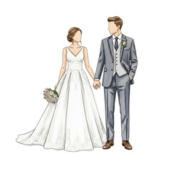 Fototapeta premium Wedding couple, a woman in a white dress with a bouquet and a man in a black suit, holding hands and walking on transparent background for wedding invitation card. Watercolor illustration 