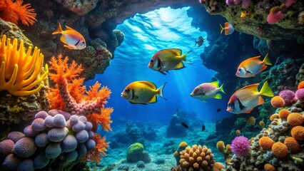 Obraz premium Vibrant Reef Scene Depicting a Diverse Array of Colorful Fish and Coral Formations in an Underwater Paradise
