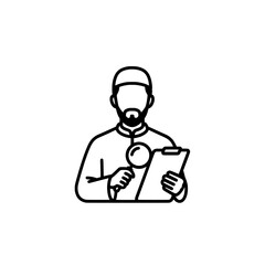 Line drawing of a scientist examining a specimen with a magnifying glass