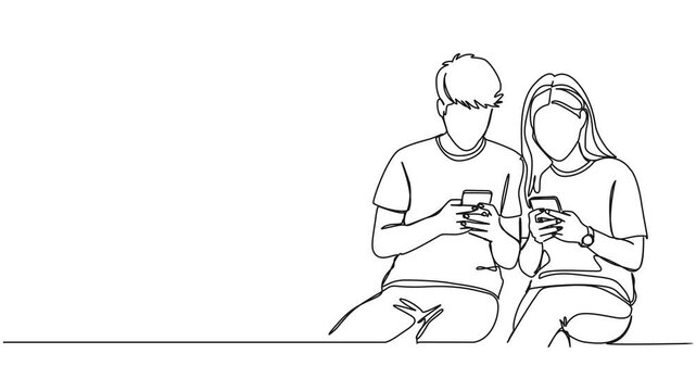 animated continuous single line drawing of two teenagers sitting together using their smartphones, line art animation