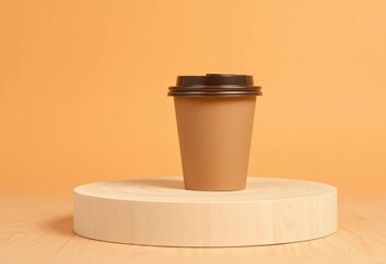 Brown craft paper coffee cup with lid on wooden podium, beige background,  craft,  hot beverage