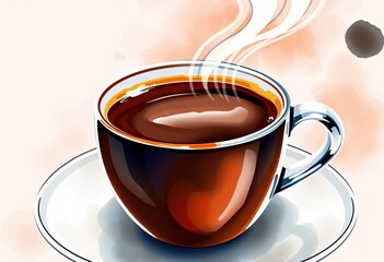 A steaming cup of black espresso, cappuccino, and other hot coffee drinks, hand-drawn in watercolor style,  barista,  single origin