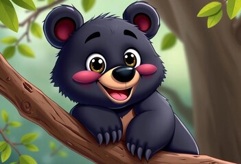 Cheerful cartoon black bear on branch, big eyes, playful pose,  cheerful,  charming
