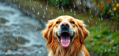 Golden retriever, rain, happy, playful, joyful, wet fur, nature, freedom,  outdoors,  dog