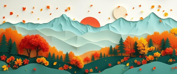 Vibrant autumn landscape, layered paper cut art Mountains, trees, leaves, flowers Silhouette design Eco-friendly style,   orange,  art