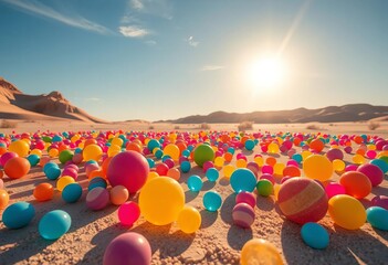 Vibrant candy spheres scattered across a sun-drenched desert landscape,   element,   food