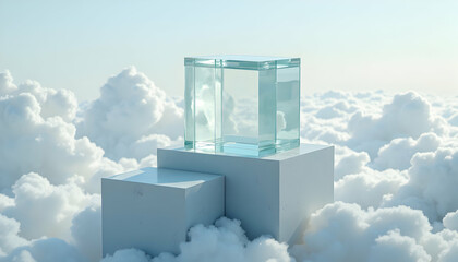 Glass Cube on Podium Surrounded by Clouds Conceptual Scene