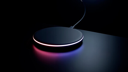 A wireless charging pad on a table in the dark.