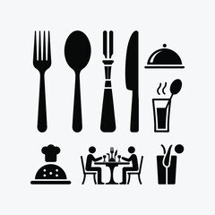 Black and White Restaurant Icons Set Food Drink Cutlery Dinner