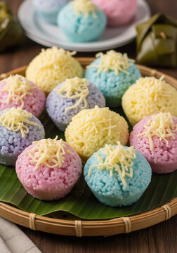Colorful Filipino Puto steamed rice cakes with shredded cheese topping, served traditionally on a woven bilao tray with a banana leaf.