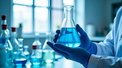 A person in a lab coat and blue gloves holding a beaker of blue liquid.