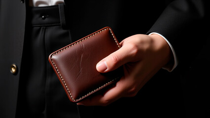 A man in a suit holding a brown wallet.