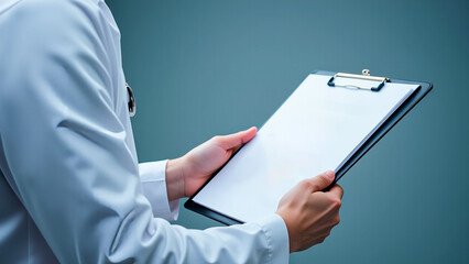 A doctor holding a clipboard with a blank sheet of paper.