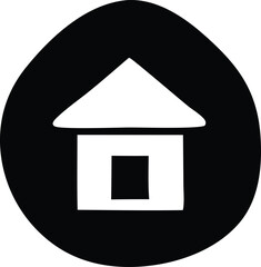 Simple hand drawn white house icon with square window centered inside a black circle background
