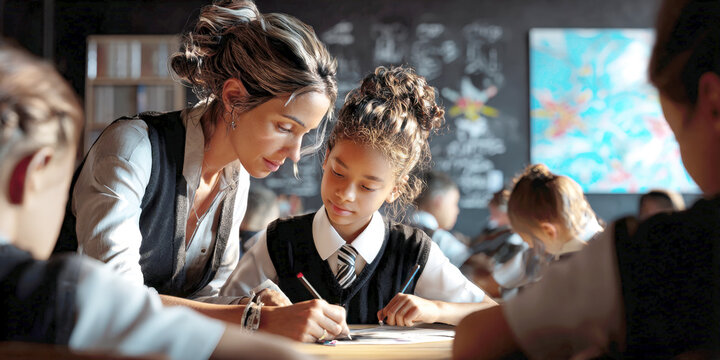 A dedicated female teacher assists young student with her writing in classroom, surrounded by other children. This image conveys personalized learning, mentorship, supportive educational environment.