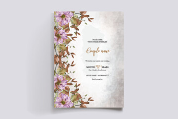 WEDDING INVITATION FRAME WITH FLOWER DECORATIONS AND FRESH LEAVES