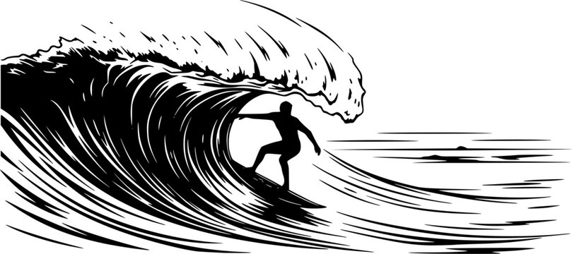 black silhouette of a Surfer riding a wave vector illustration 
