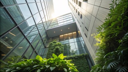 A low angle view of modern office buildings with green plants creating a harmonious blend of nature and architecture