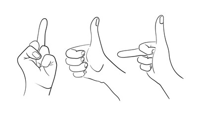 3 Female hands in gestures, continious line drawing. Symbols, sign language. Vector illustration