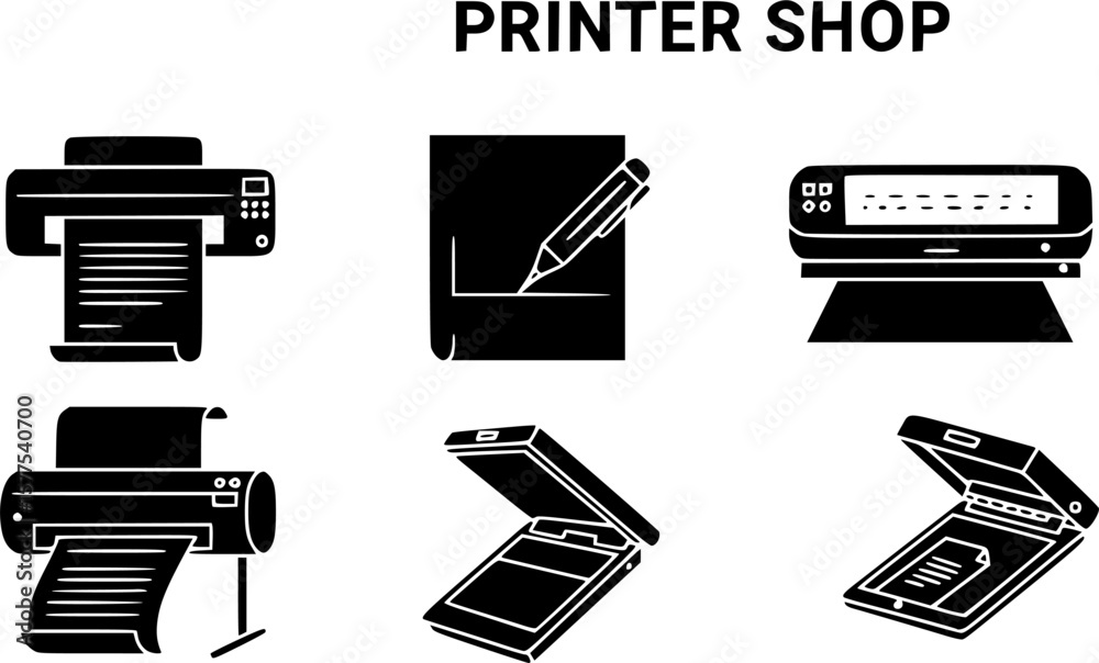 Fototapete Printer line icon set. Large format printing, plotter, scanner, cutting machine minimal vector illustrations. Simple outline signs for printshop.