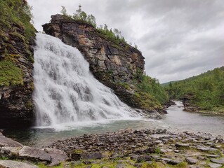 Powerful Waterfall in Northern Norway Wilderness
