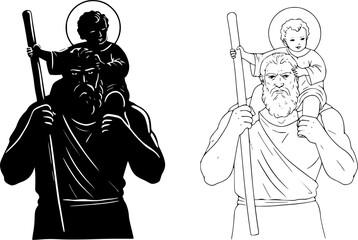 Black and white religious illustration of Saint Christopher carrying the child Jesus on his shoulder, both with halos above their heads.