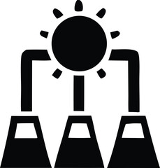 Stylized black icon representing a solar power plant with three towers connected to a central sun symbol
