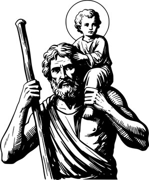 Black and white religious illustration of Saint Christopher carrying the child Jesus on his shoulder, both with halos above their heads.