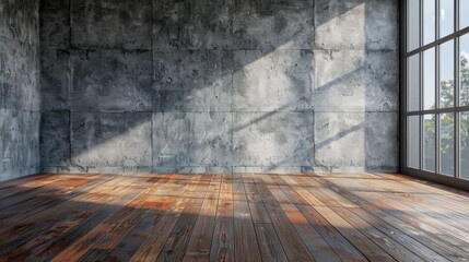 gray concrete warehouse wall wooden plank floor hints of orange 