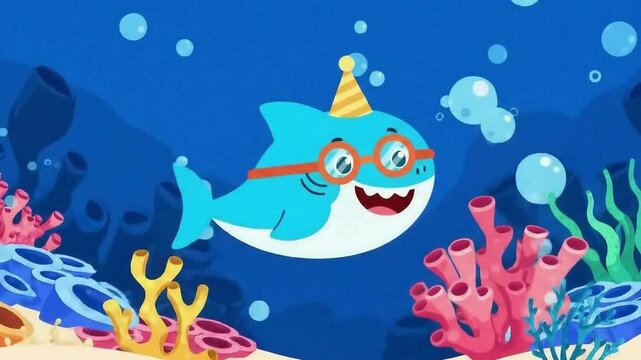 Animated Shark Wearing Glasses and Party Hat in Underwater Scene