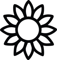 A bold minimalist black outline of a stylized sunflower with a central circle and radiating petal shapes on a white background