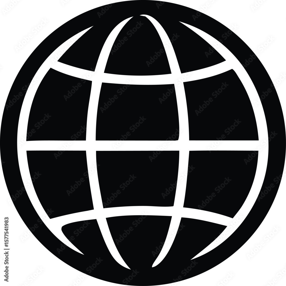 Poster a simple black and white graphic icon representing a stylized globe with intersecting lines symboliz